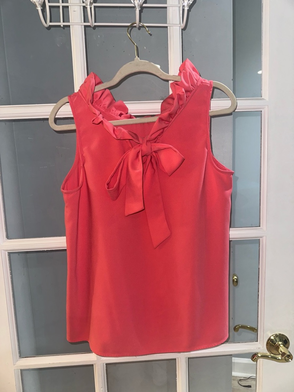 Crown & Ivy Top Womens L Bow Ruffle Neck Sleeveless Pink Coral Preppy Tunic